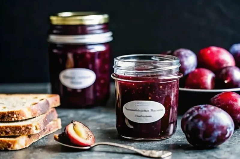 Homemade plum jam recipe with Sure-Jell pectin in mason jars with fresh plums and canning supplies