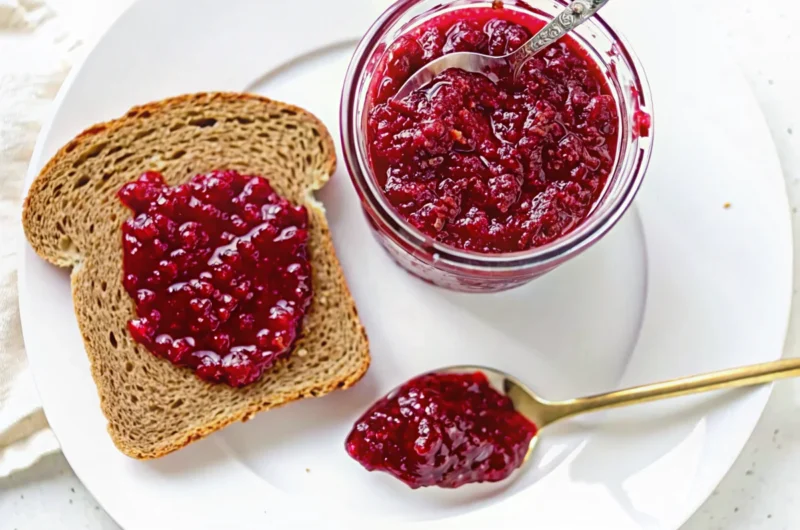 Homemade chia jam recipe with fresh strawberries in glass jar, chia seeds visible, healthy fruit spread