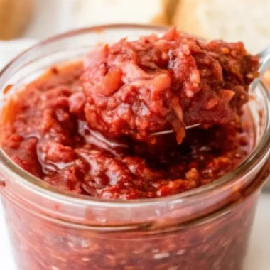 Homemade chia jam recipe with fresh strawberries and chia seeds in glass jar showing natural thickness and vibrant red color