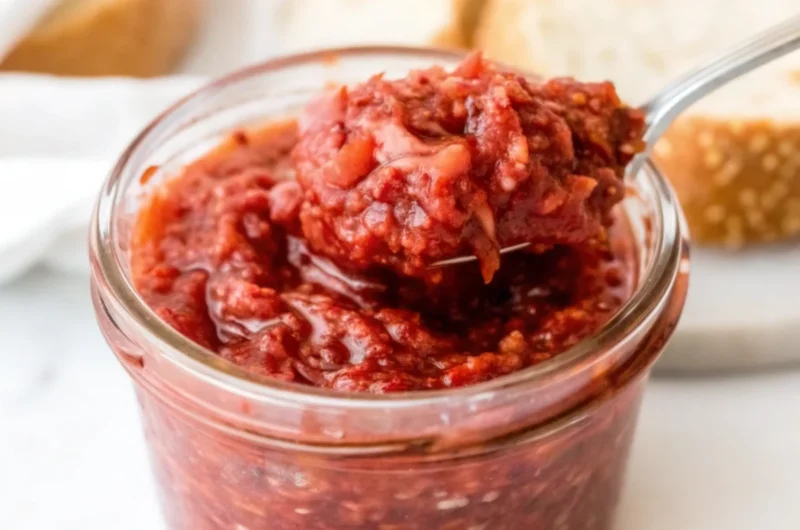 Homemade chia jam recipe with fresh strawberries and chia seeds in glass jar showing natural thickness and vibrant red color