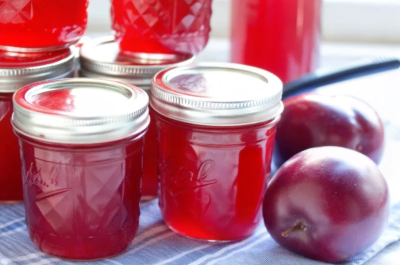 "Homemade plum jelly recipe with fresh ruby-red plums, pectin, and sugar ingredients arranged on rustic wooden table with finished jelly jars