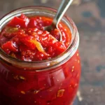 Homemade Tomato Jam recipe with fresh Roma tomatoes, brown sugar, and spices cooking in Dutch oven creating glossy, thick jam consistency perfect for spreading on toast or serving with cheese boards