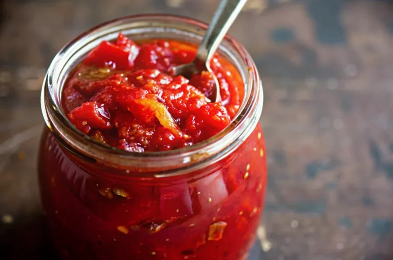 Homemade Tomato Jam recipe with fresh Roma tomatoes, brown sugar, and spices cooking in Dutch oven creating glossy, thick jam consistency perfect for spreading on toast or serving with cheese boards