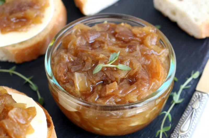 Homemade caramelized onion jam recipe in glass jar with golden-brown color showing perfect jam consistency and texture