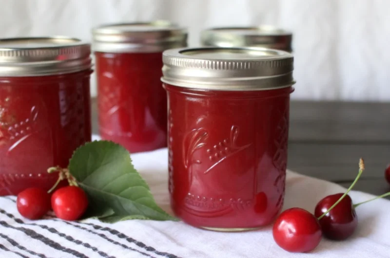 Homemade cherry jelly recipe ingredients including fresh tart cherries, sugar, and pectin arranged on kitchen counter with canning supplies