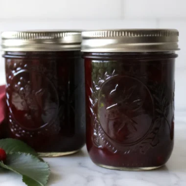 Homemade sour cherry jelly recipe with fresh cherries, sugar, and lemon juice ingredients arranged on rustic wooden kitchen counter
