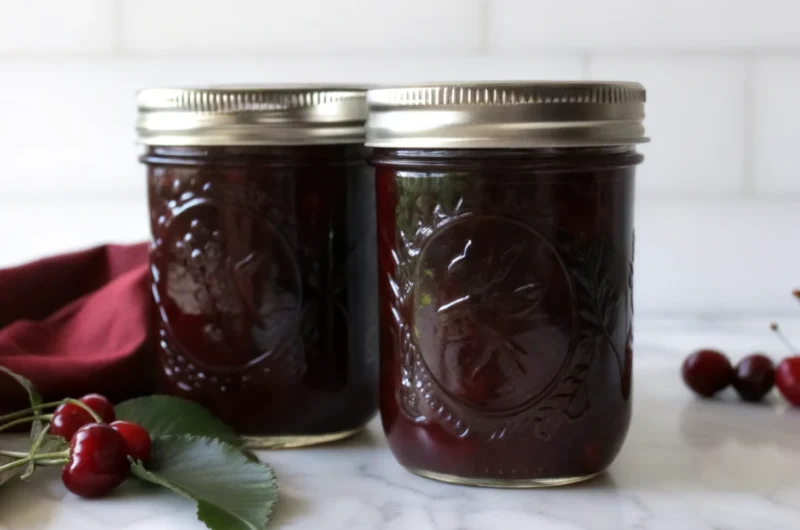 Homemade sour cherry jelly recipe with fresh cherries, sugar, and lemon juice ingredients arranged on rustic wooden kitchen counter