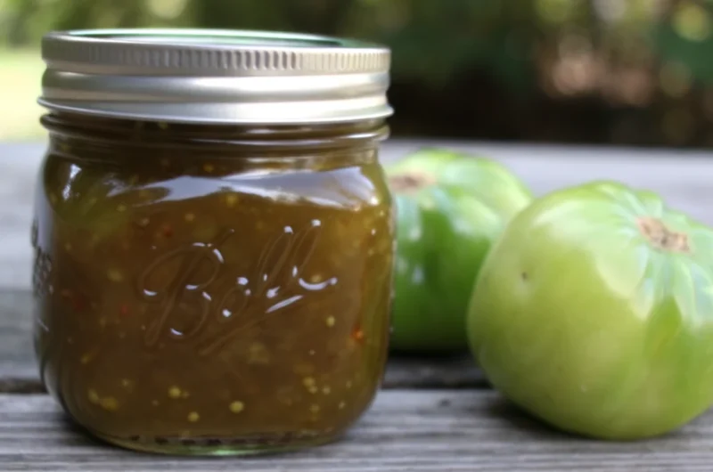 Homemade green tomato jam in glass jars with fresh green tomatoes and canning supplies on rustic kitchen counter
