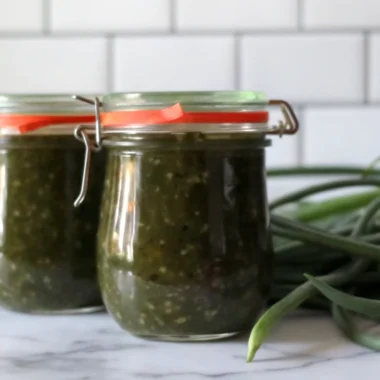 Homemade garlic scape jam in glass jars with fresh garlic scapes and herbs on rustic wooden table
