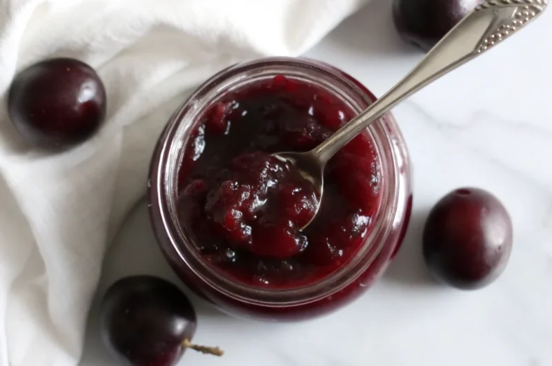 Homemade muscadine jam recipe in glass jars with fresh muscadine grapes, showcasing the rich purple color and thick texture of this antioxidant-rich Southern preserve