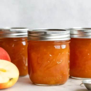 Homemade apple jam in glass jars showing chunky texture with golden preserves and visible apple pieces, perfect for spreading on toast