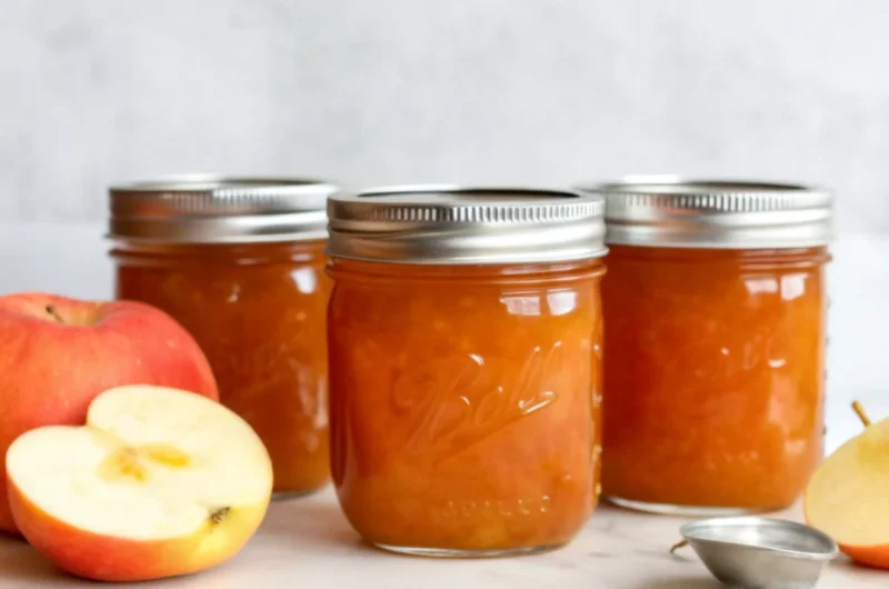Homemade apple jam in glass jars showing chunky texture with golden preserves and visible apple pieces, perfect for spreading on toast