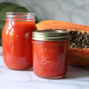 Homemade papaya jam in glass jar with golden orange color and smooth texture, surrounded by fresh papaya slices and lemon halves on wooden cutting board