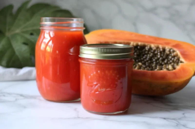 Homemade papaya jam in glass jar with golden orange color and smooth texture, surrounded by fresh papaya slices and lemon halves on wooden cutting board