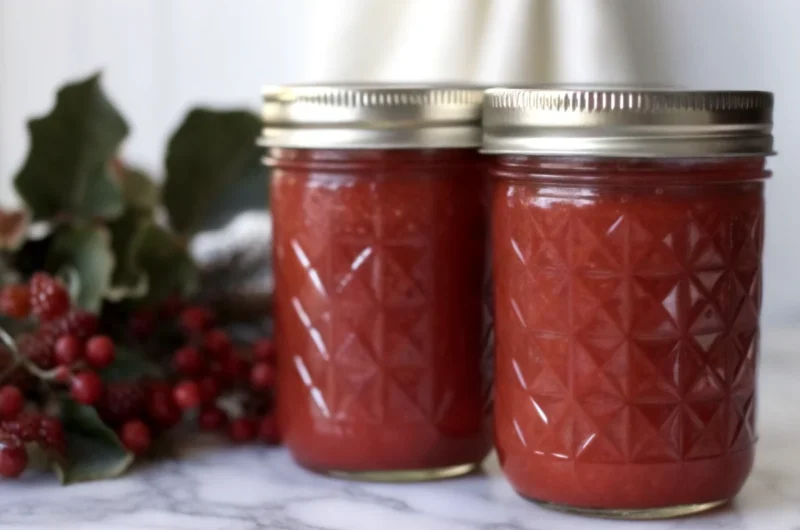 Homemade autumn olive jam in glass mason jars with fresh autumn olive berries scattered around on rustic wooden table