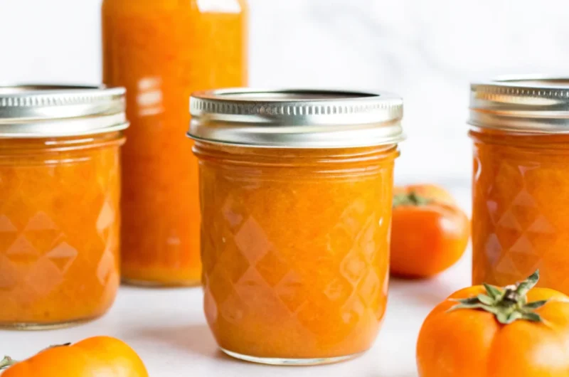 Homemade persimmon jam in glass jars with fresh fuyu persimmons, lemon slices, and wooden spoon on rustic kitchen counter