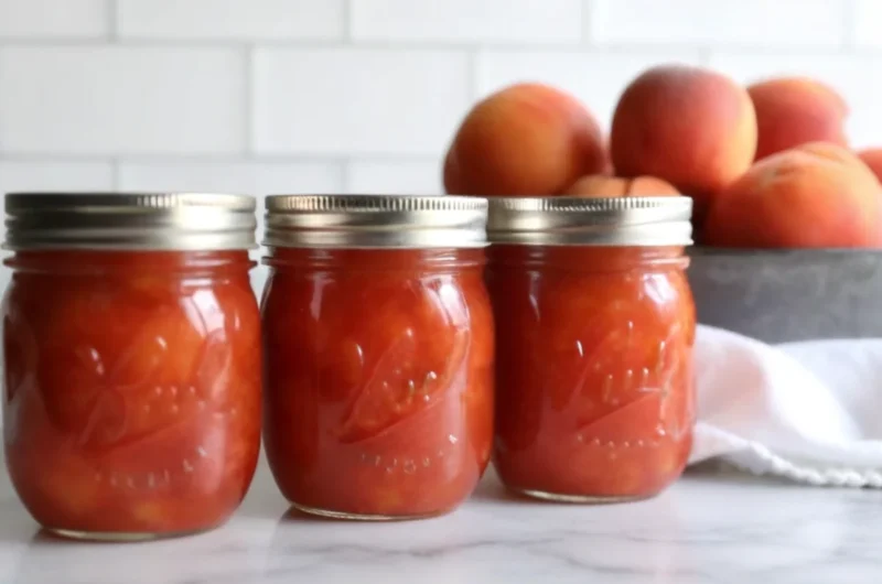 Homemade nectarine jam in glass jar with fresh nectarines and golden color showing perfect consistency for canning and preserving