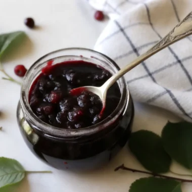 Homemade Saskatoon jam in glass jars with fresh saskatoon berries scattered around, showcasing the deep purple color and smooth texture of this antioxidant-rich prairie berry preserve
