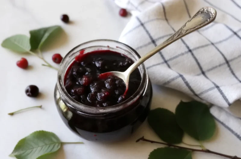 Homemade Saskatoon jam in glass jars with fresh saskatoon berries scattered around, showcasing the deep purple color and smooth texture of this antioxidant-rich prairie berry preserve