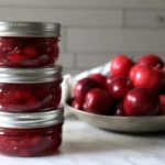 Homemade cranberry apple jam in glass jars with fresh cranberries and diced apples scattered around, perfect fall preserve recipe