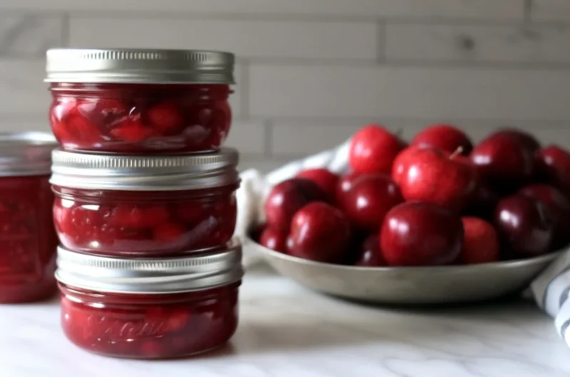 Homemade cranberry apple jam in glass jars with fresh cranberries and diced apples scattered around, perfect fall preserve recipe