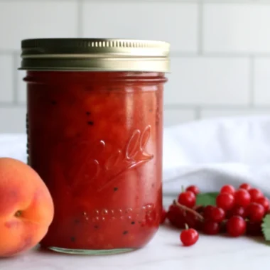 Homemade apricot red currant jam in glass jar with golden orange and deep red marbled colors, surrounded by fresh apricots and red currants on rustic wooden table