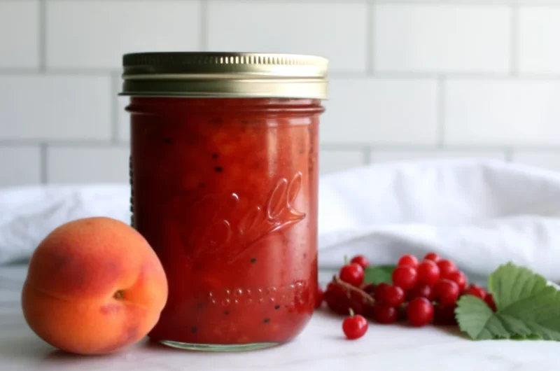 Homemade apricot red currant jam in glass jar with golden orange and deep red marbled colors, surrounded by fresh apricots and red currants on rustic wooden table