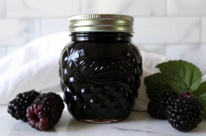 Seedless blackberry jam in glass jars showing smooth purple texture without seeds, homemade traditional recipe