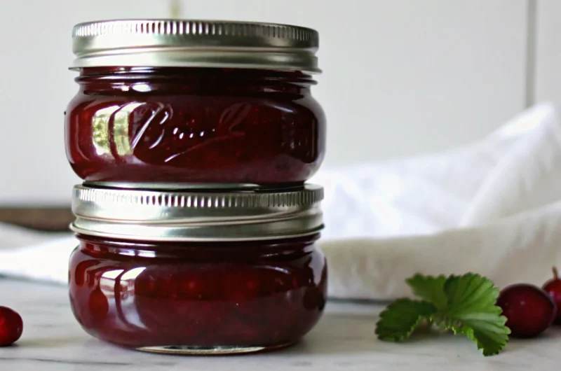 Homemade gooseberry jam in glass jars with fresh gooseberries scattered around on wooden table