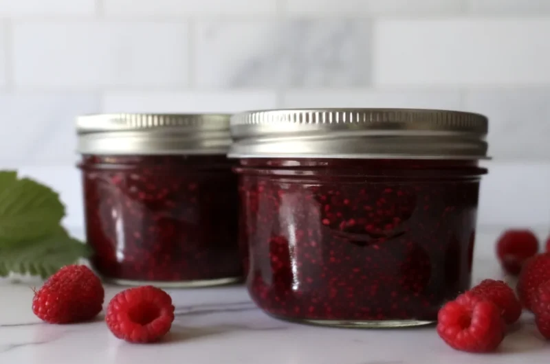 Homemade thimbleberry jam in glass jars with fresh thimbleberries scattered around wooden cutting board