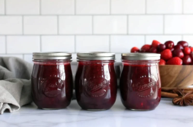 Homemade Christmas jam with cranberries and strawberries in glass jar with festive ribbon and cinnamon stick