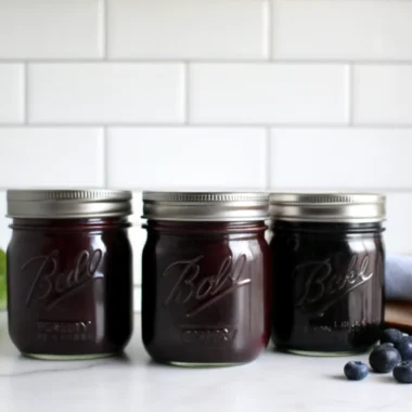 Homemade blueberry rhubarb jam in glass jars with fresh blueberries and rhubarb stalks scattered around on wooden background
