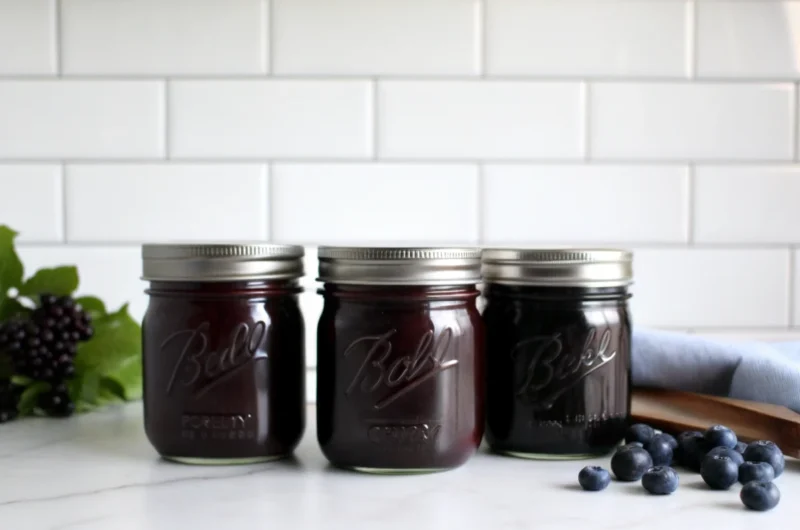 Homemade blueberry rhubarb jam in glass jars with fresh blueberries and rhubarb stalks scattered around on wooden background