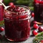 Homemade sweet Christmas cranberry jam in glass jars with fresh cranberries and holiday spices for festive christmas jam recipes