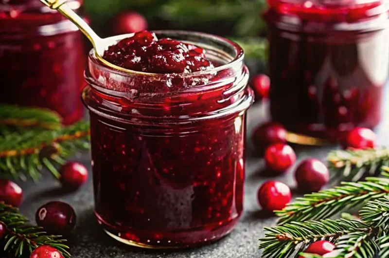 Homemade sweet Christmas cranberry jam in glass jars with fresh cranberries and holiday spices for festive christmas jam recipes