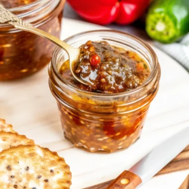 Homemade jalapeno jam in glass jar with fresh jalapenos and red bell peppers on wooden cutting board - spicy pepper jam recipe