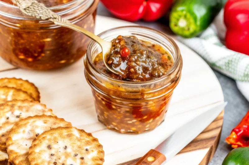 Homemade jalapeno jam in glass jar with fresh jalapenos and red bell peppers on wooden cutting board - spicy pepper jam recipe